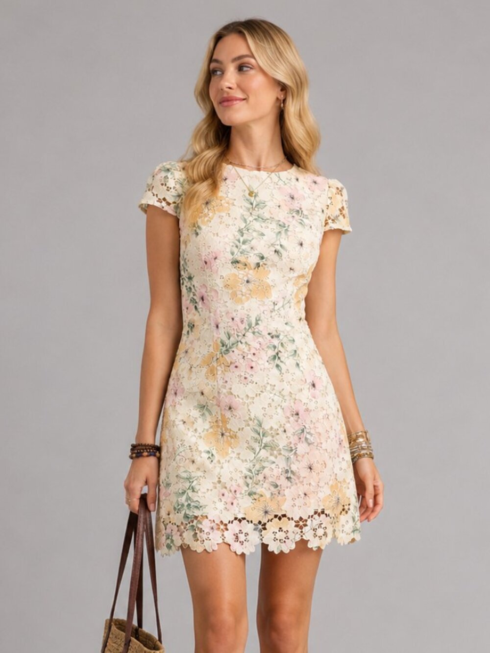 Women's Floral Lace Mini Dress Short Sleeve Cottagecore Summer Party Dress Boho